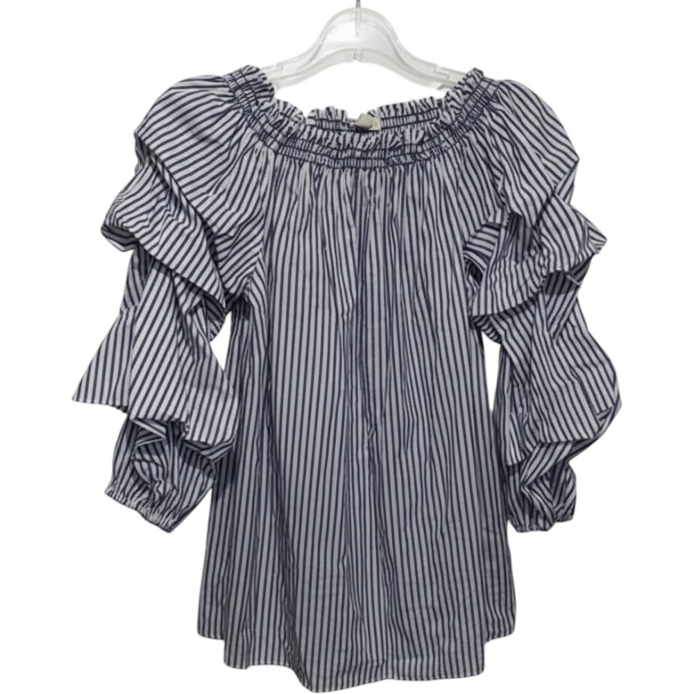 Max Studio Blue‎ White Pinstripe Ruffle Tiered Sleeve Off Shoulder Cotton Top L